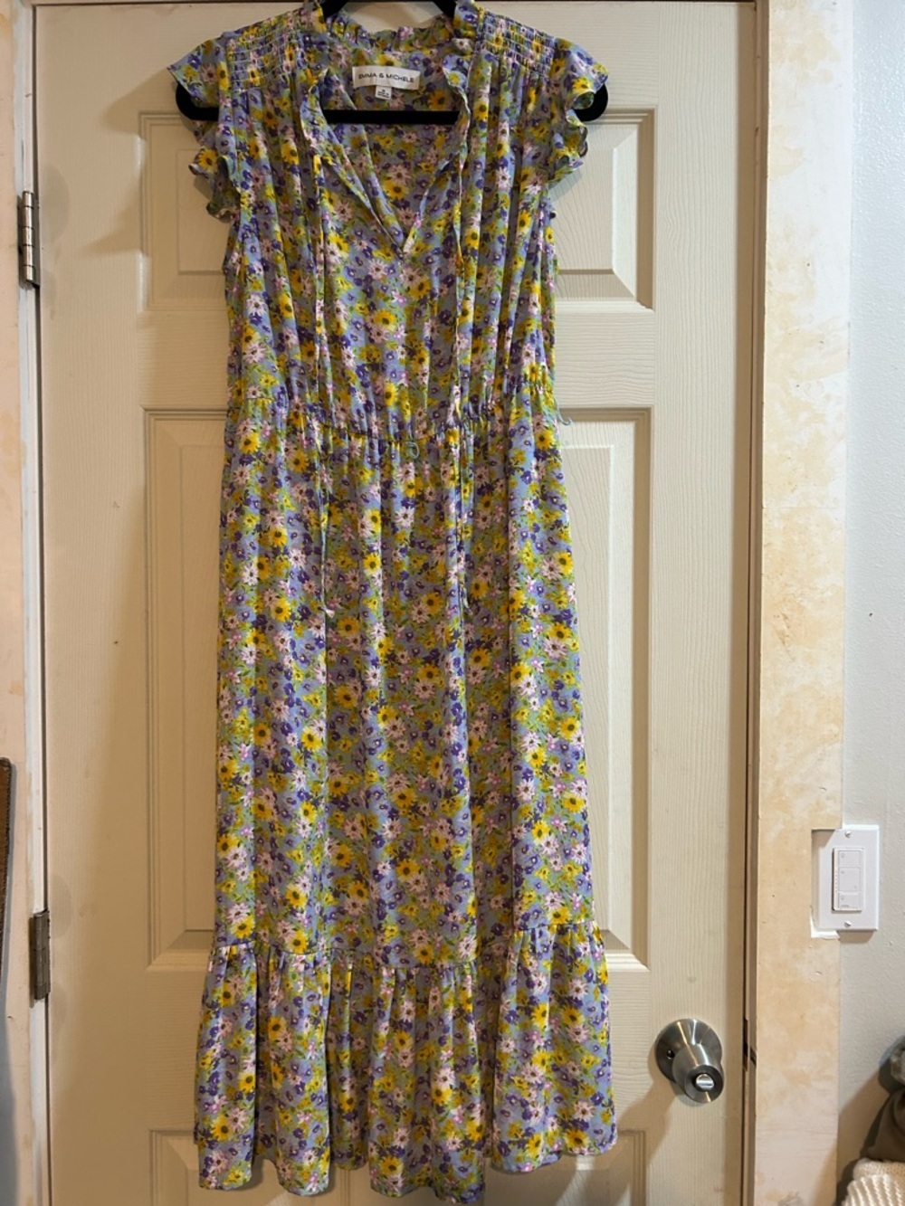 Emma & Michele Yellow and Lavender Floral Dress with Ruffle Neckline - Picture 1 of 3